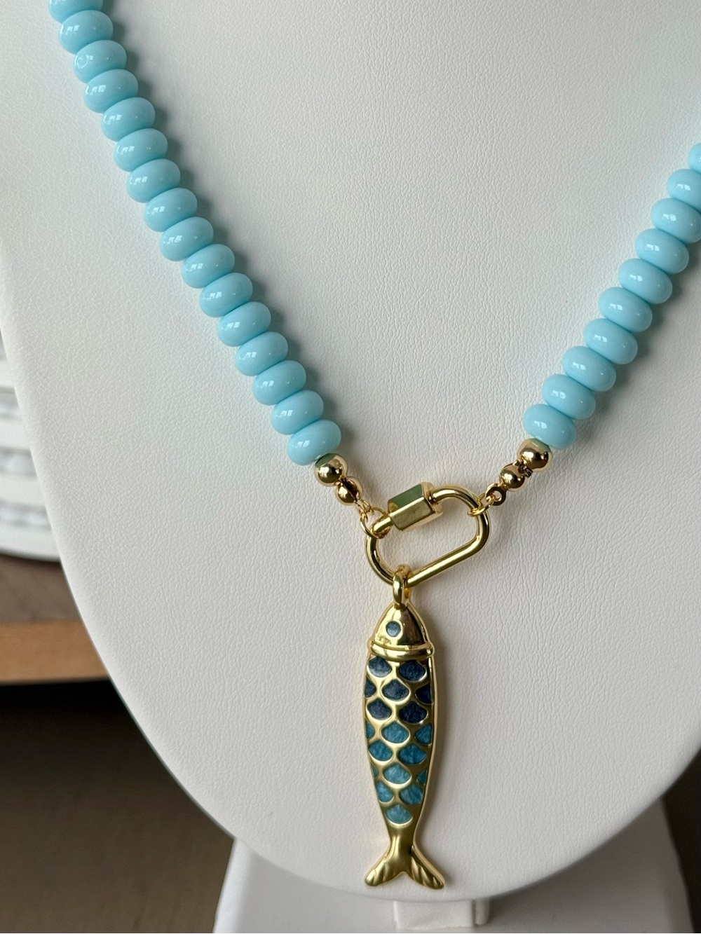 Gold Fish Pendant Beaded Necklace — Light Blue